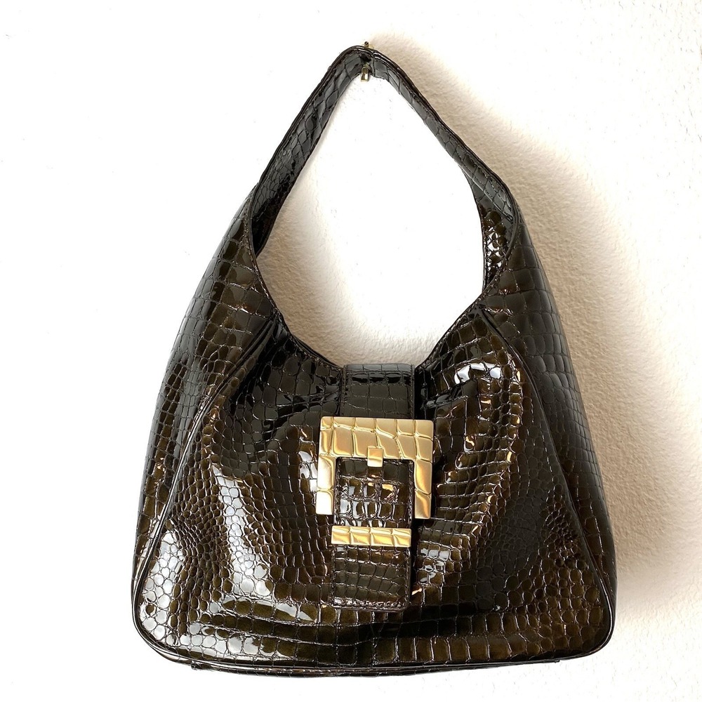 Michael Kors Peninsula Hobo Bag Brown Croc Patent Leather Shoulder Bag READ